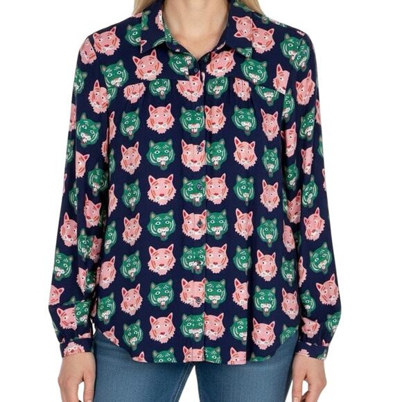 Anthropologie Tops - Anthropologie Liv Lee Small Navy Tigers Whimsy Buttondown Shirt Blouse Top